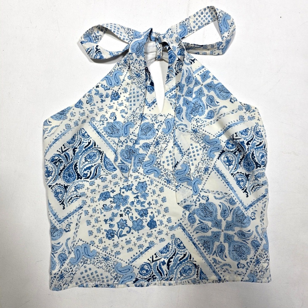 Lucy Paris Halter Top Womens XS Blue Paisley Bandana Print Smocked Back Cropped